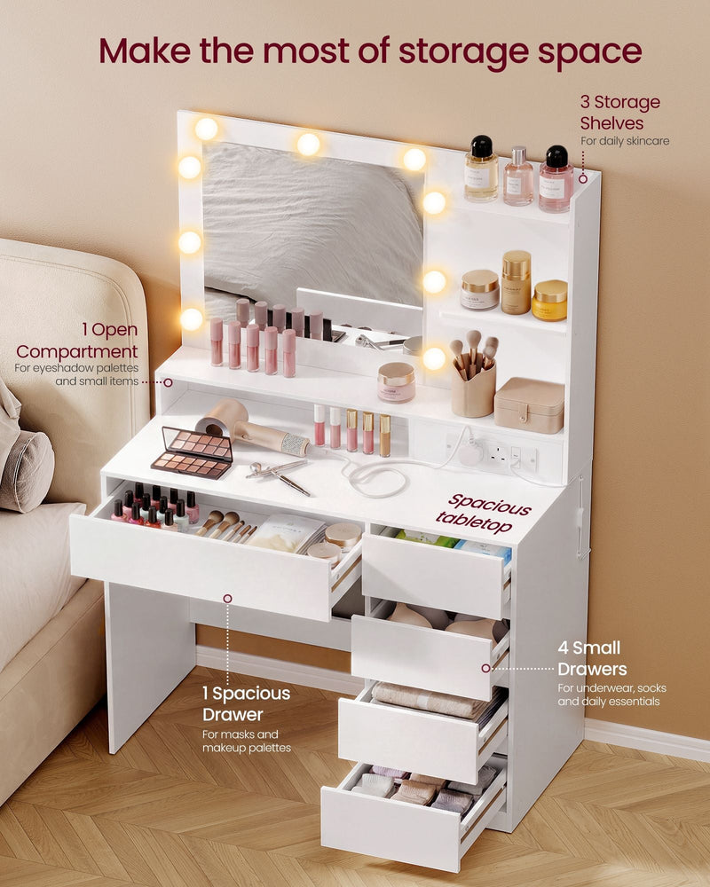 Labelled diagram of the dressing table's storage layout with shelves, open compartment and 5 drawers