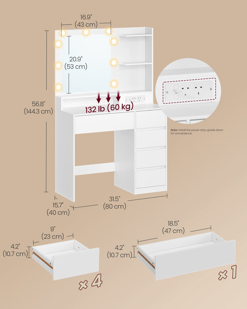 Dimension diagram of the dressing table showing overall size, mirror size and drawer sizes in cm