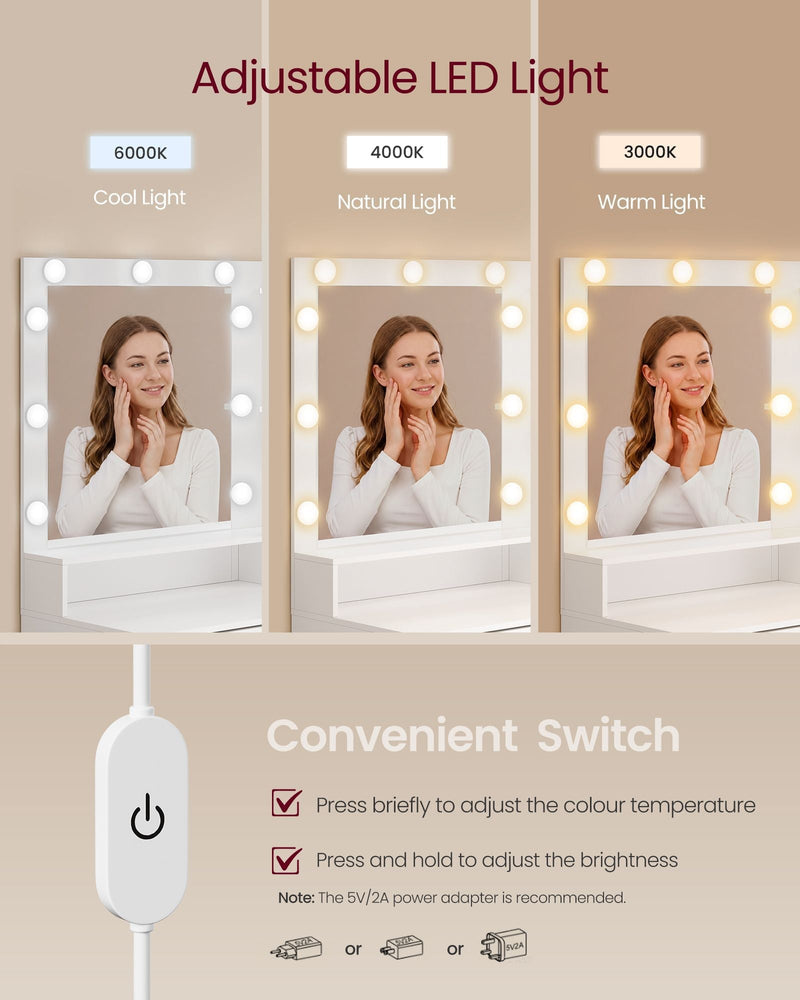 Comparison of the mirror's cool, natural and warm LED light settings