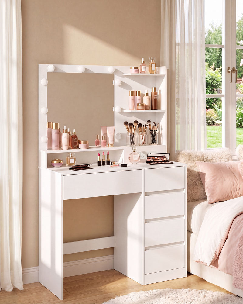 Vasagle cloud white dressing table with lighted mirror styled beside a bright window