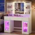 Vasagle cloud white dressing table with pink RGB lighting glowing from the glass cabinets at night