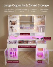 Labelled diagram of the dressing table's zoned storage including drawers, open areas and glass cabinets
