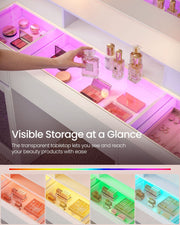 Close-up of the transparent tabletop insert showing stored beauty products under coloured RGB lighting