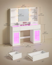 Dimension diagram of the dressing table showing overall size, mirror size, shelf and drawer measurements in cm