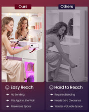 Comparison showing easy access to the built-in socket without bending, unlike other dressing tables