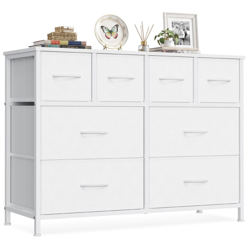 Cloud white fabric chest of 8 drawers with steel frame, shown straight on with decor on top