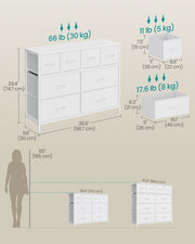 Dimensions diagram showing the 98.7 x 30 x 74.7 cm size and drawer load limits of the 8 drawer chest