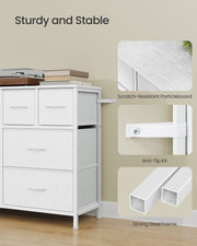 Close-ups of the scratch-resistant top, anti-tip kit and square steel frame on the white chest