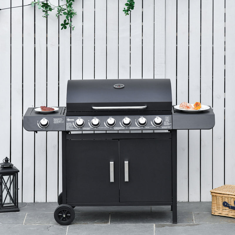 6 Burner Gas BBQ Grill with Side Burner - Thermometer and Storage Shelf for Outdoor Cooking Grey Outsunny