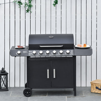 6 Burner Gas BBQ Grill with Side Burner - Thermometer and Storage Shelf for Outdoor Cooking Grey Outsunny