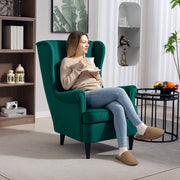 Dark Green Velvet Wingback Armchair With High Back And Pillow For Living Room Comfort