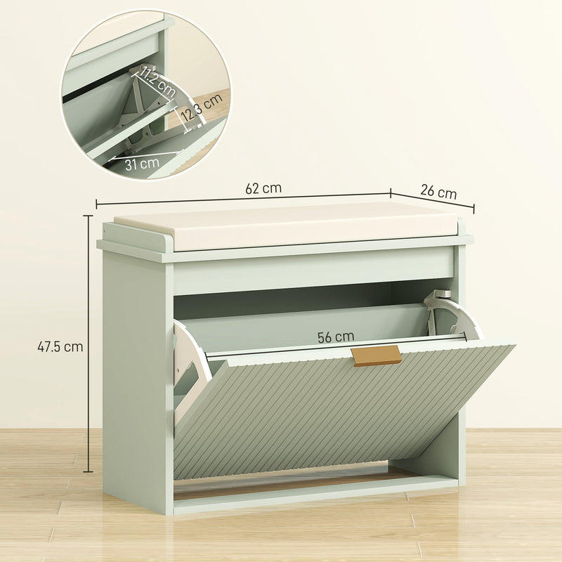 Green Upholstered Shoe Storage Bench with Padded Seat for Hallway or Bedroom