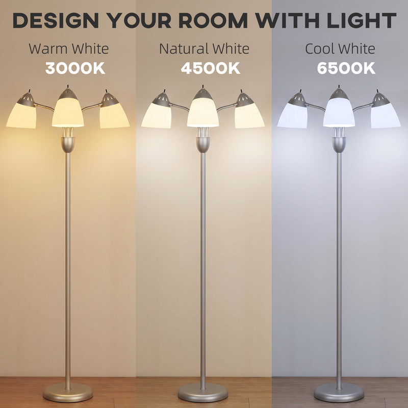 Floor Lamp with Three Adjustable Heads for Flexible Living Room or Office Lighting Silver Tone