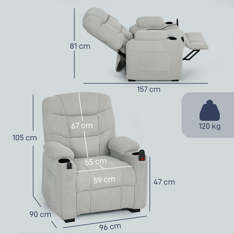 Electric Recliner Armchair with Massage Heat USB Port and Cup Holders for Lounge Grey AOSOM