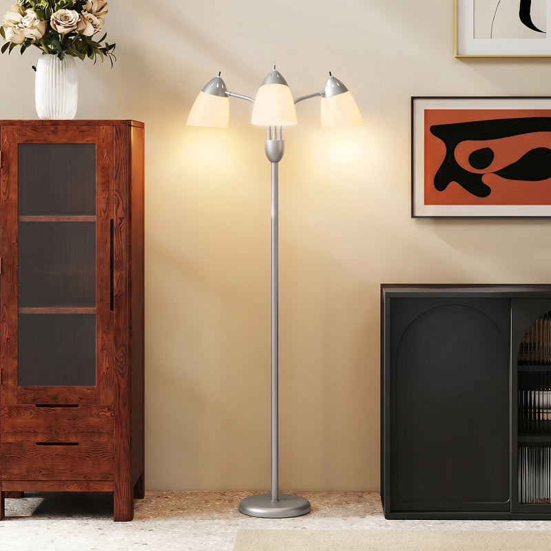 Floor Lamp with Three Adjustable Heads for Flexible Living Room or Office Lighting Silver Tone