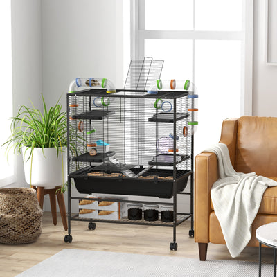 Large Hamster and Gerbil Cage with Tubes Ramps Platforms Wheel and Storage Shelf, Black