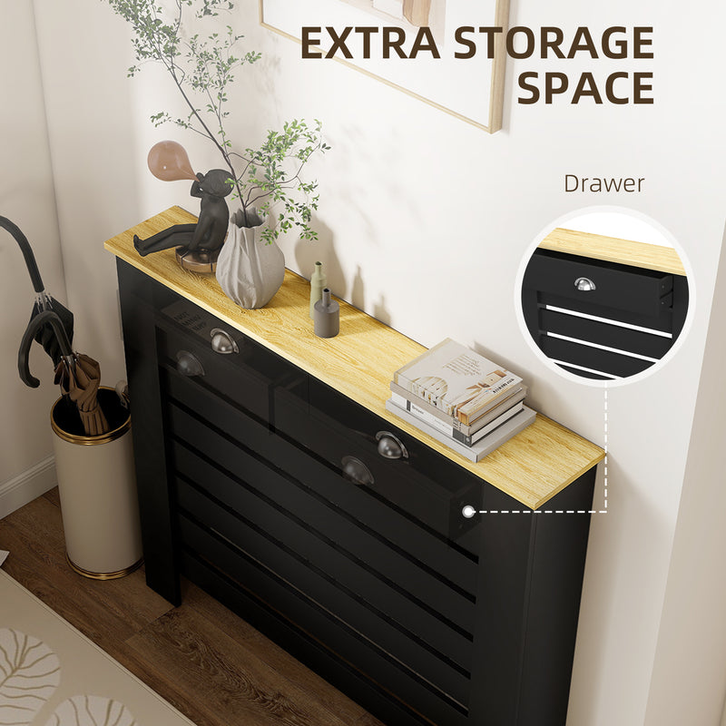 Radiator Cover with Drawer for Hallway Safety and Storage Slim Slatted Black Wood Effect Homcom