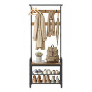 Hall tree with coats, scarves and an umbrella on the rod and hooks, a backpack on the bench and shoes on the shelves