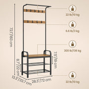 Dimensions diagram of the honey brown hall tree showing 183 cm height, 72 cm width, 33.7 cm depth and weight limits for each section