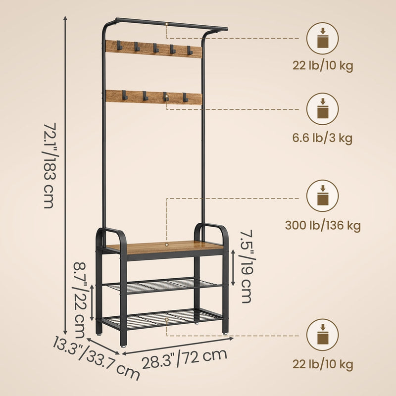 Dimensions diagram of the honey brown hall tree showing 183 cm height, 72 cm width, 33.7 cm depth and weight limits for each section