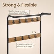 Close-up of the hanging rod and two hook rails with 9 removable hooks