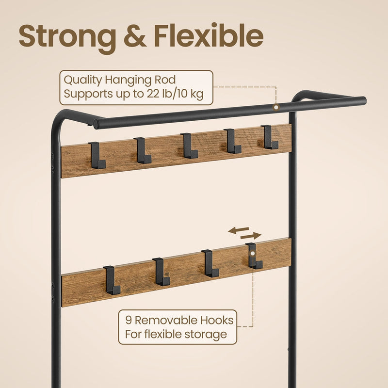 Close-up of the hanging rod and two hook rails with 9 removable hooks