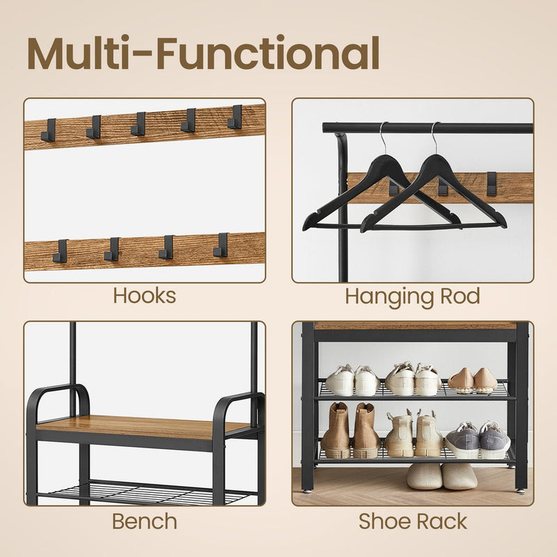 Four close-ups of the hall tree hooks, hanging rod, bench and shoe shelves