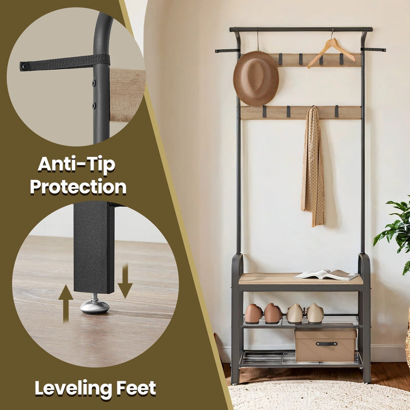 Close-up details of the anti-tip bracket and the adjustable levelling foot