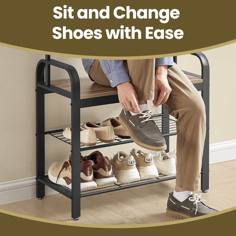 Person sitting on the bench to change shoes above two shelves of footwear