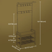Dimensions diagram showing the hall tree at 77 x 33.7 x 183 cm with shelf gaps