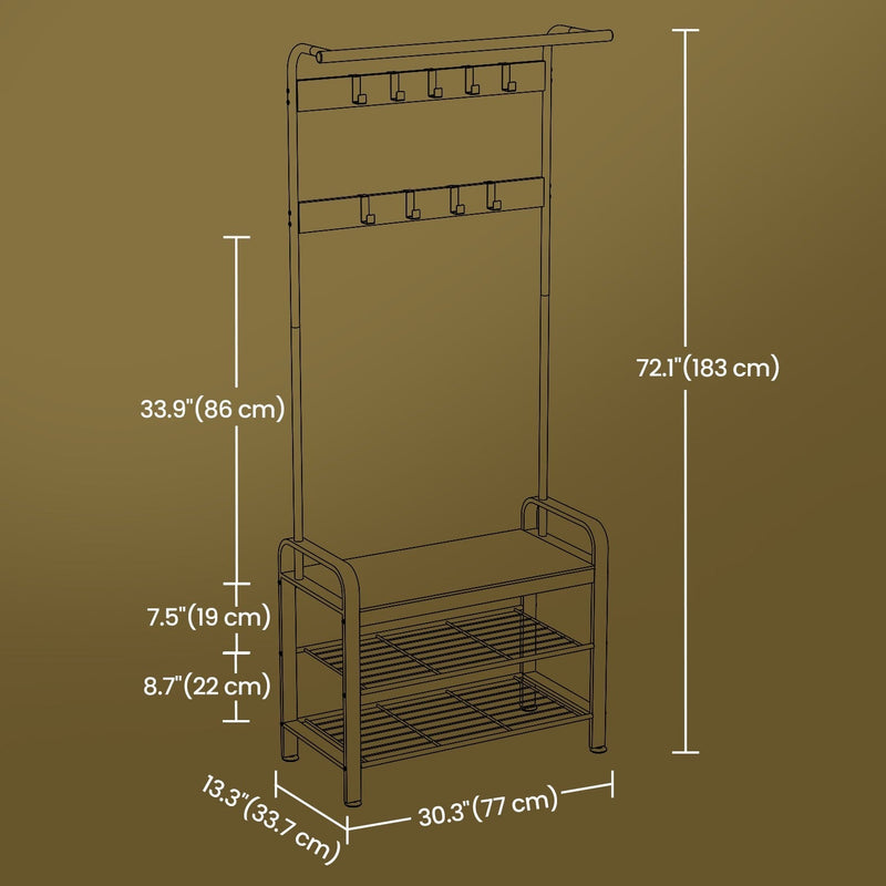 Dimensions diagram showing the hall tree at 77 x 33.7 x 183 cm with shelf gaps