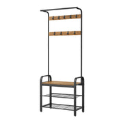 Honey brown and black hall tree with a hanging rod, two rows of hooks, a bench and two shoe shelves on a white background