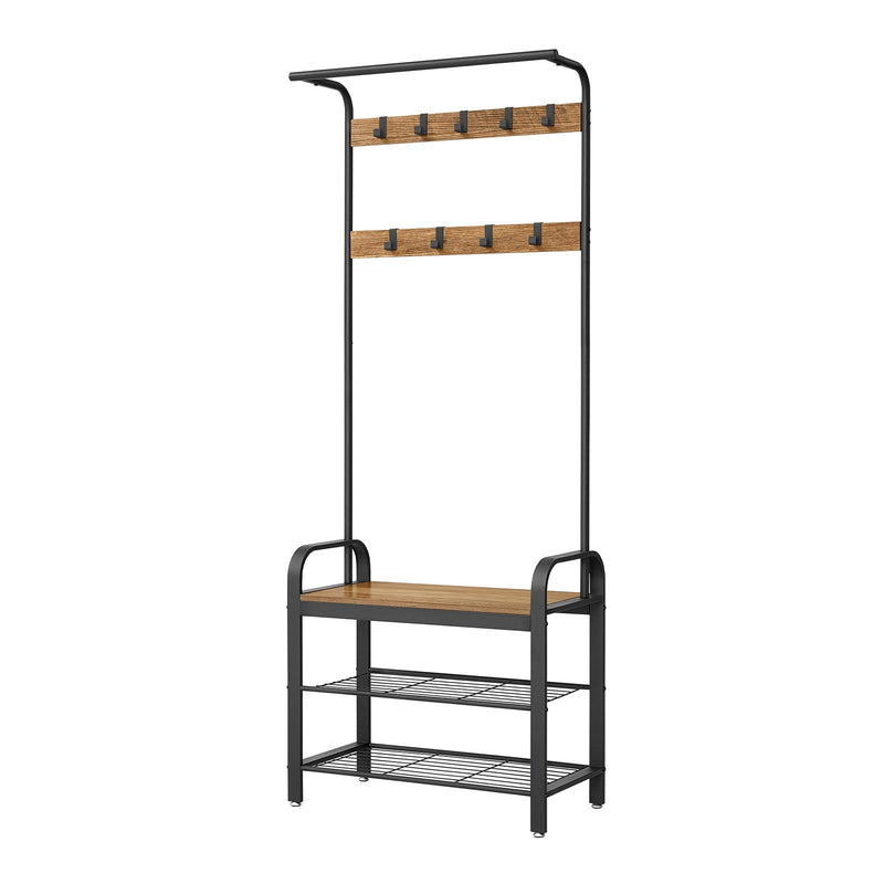 Honey brown and black hall tree with a hanging rod, two rows of hooks, a bench and two shoe shelves on a white background