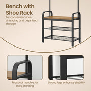 Hall tree bench and shoe shelves with close-ups of the curved handles and strong legs