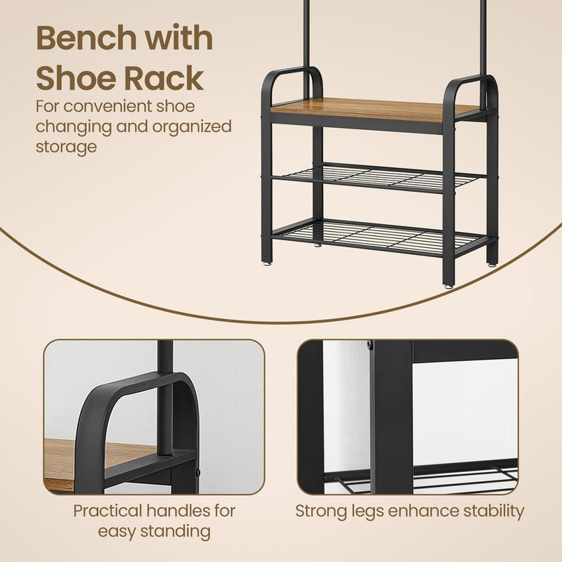 Hall tree bench and shoe shelves with close-ups of the curved handles and strong legs