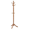 Caramel brown solid rubberwood coat rack stand with 10 hooks on a plain background
