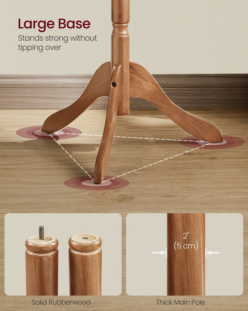 Close-up of the tripod base, threaded pole joint and 5 cm thick rubberwood pole
