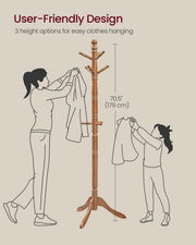 Line drawing of the 179 cm coat rack with an adult and a child using hooks at different heights