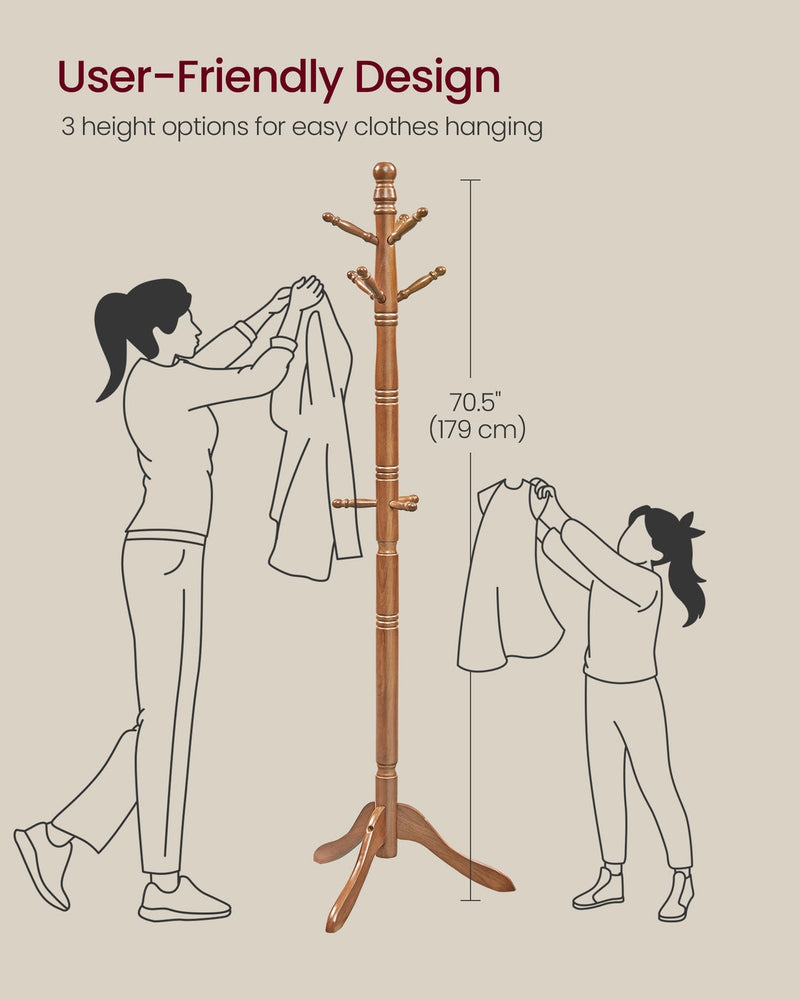 Line drawing of the 179 cm coat rack with an adult and a child using hooks at different heights