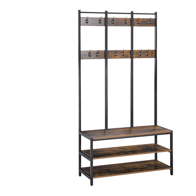 Rustic Brown Hall Tree Coat Stand, Bench, Shoe Rack