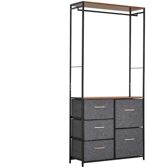 Steel Frame Chest of Drawers with Coat Rack, Black Brown