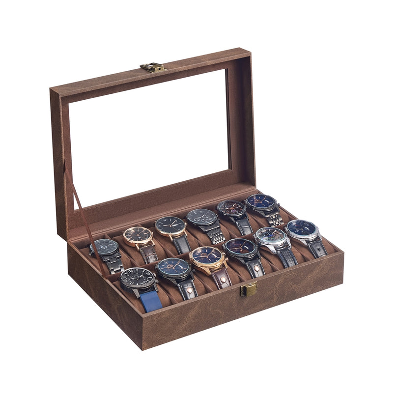 Coffee brown leather watch box open showing 12 watches in velvet-lined slots