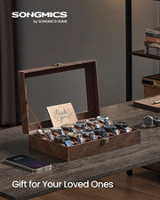 Coffee brown Songmics watch box displayed as a gift with a thank you card
