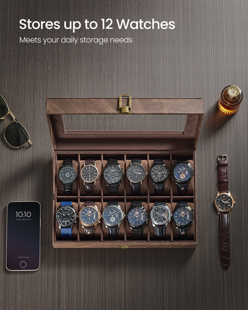 Overhead view of open coffee brown watch box holding 12 watches in individual slots