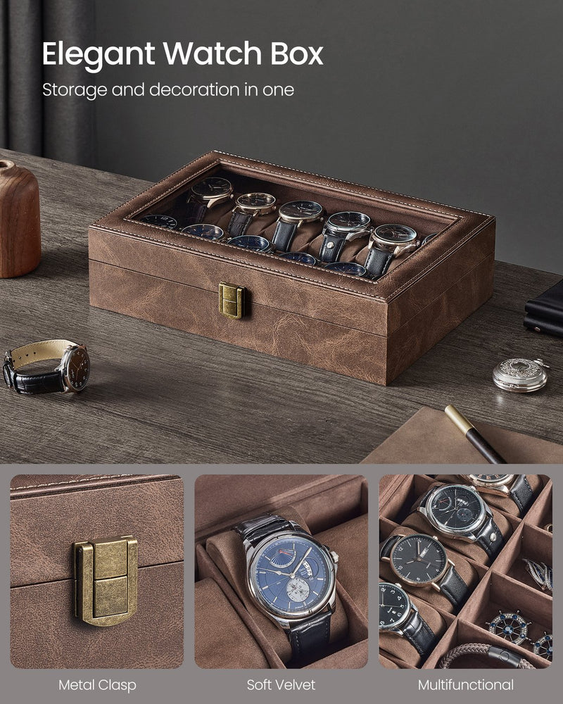 Coffee brown watch box closed on a desk showing the metal clasp and stitched leather