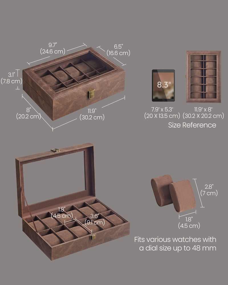Watch box dimensions diagram showing 20.2 x 30.2 x 7.8cm size and slot measurements