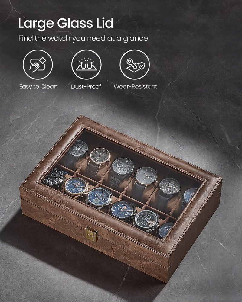 Closed coffee brown watch box with large glass lid for dust-proof watch storage