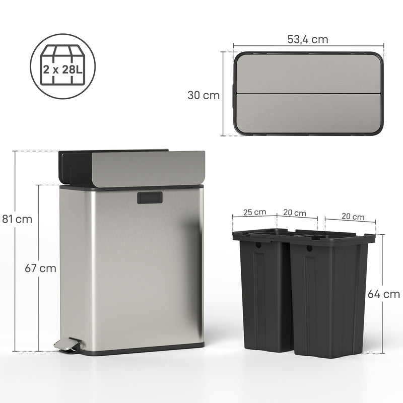 56L Dual Kitchen Recycling Pedal Bin with Soft Close Lid and Removable Buckets Silver