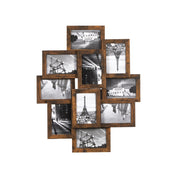 Rustic brown collage picture frame holding 10 black and white 4x6 photos