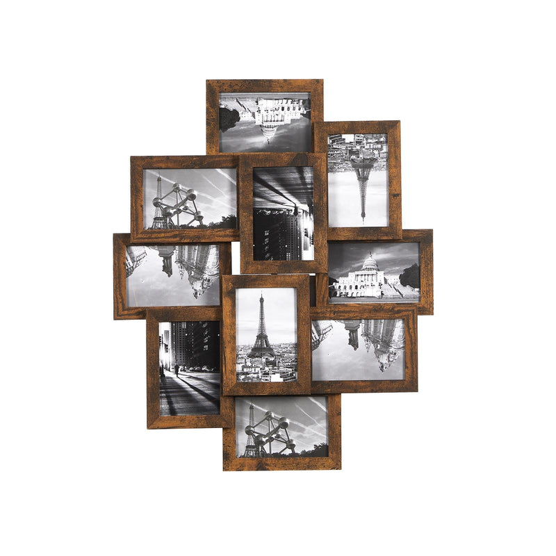 Rustic brown collage picture frame holding 10 black and white 4x6 photos